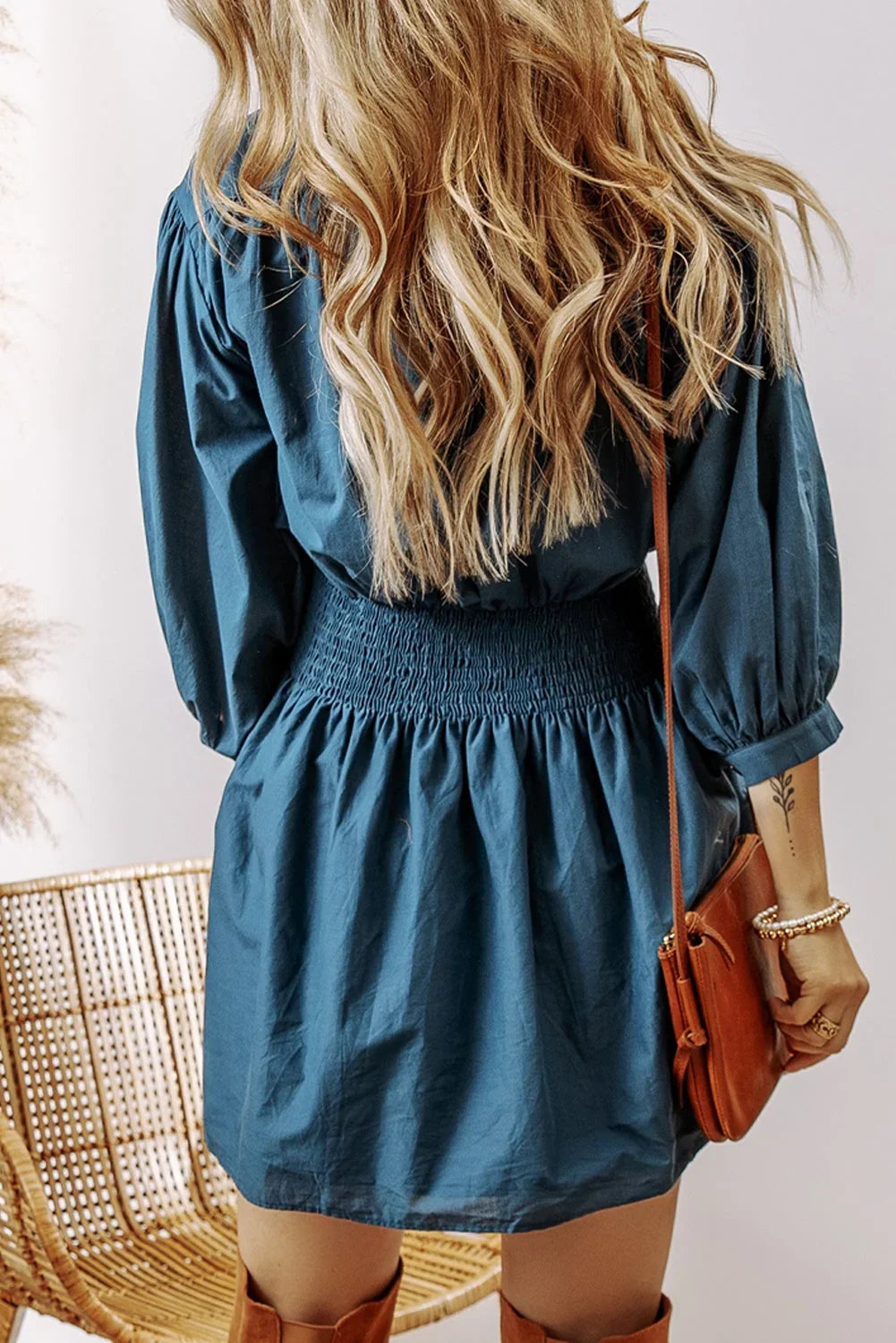 Prussian Blue Shirred High Waist Mini Dress with 3/4 Sleeves
