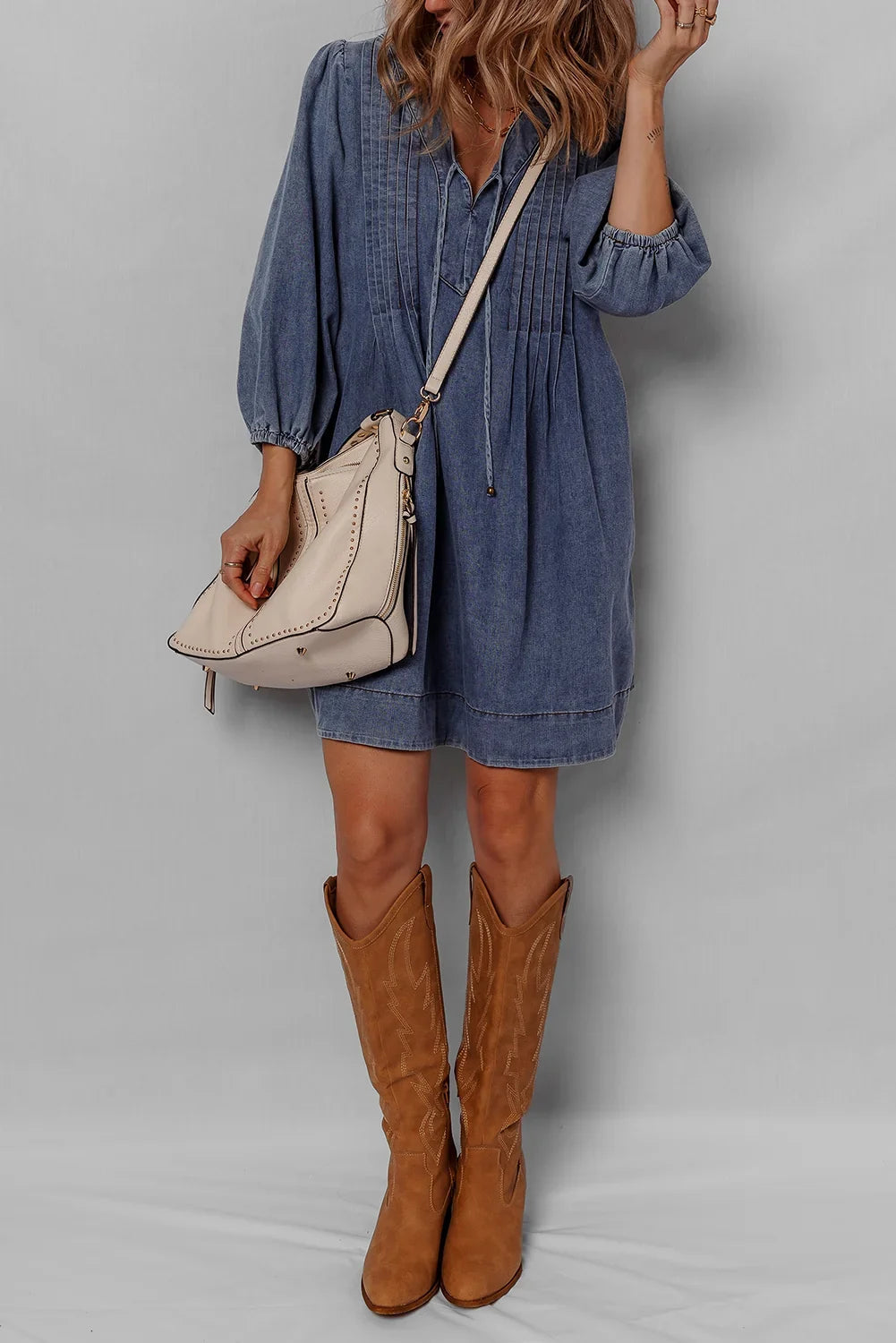 Pleated Denim Mini Dress with Tie V-Neck & 3/4 Sleeves