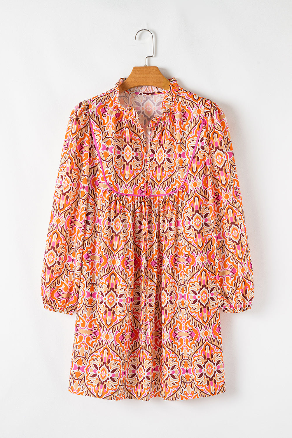 Khaki Abstract Print Lace-Up Neck Long Sleeve Mini Dress