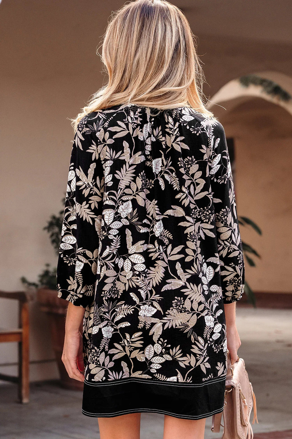 Black Botanical Print Split Neck 3/4 Sleeve Mini Dress