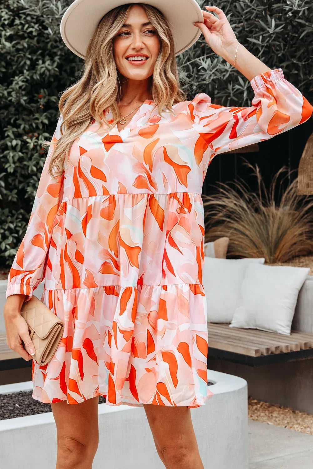 Orange Abstract Print Split Neck Long Sleeve Mini Dress