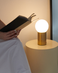 Brightech Kai brass table lamp with frosted glass globe