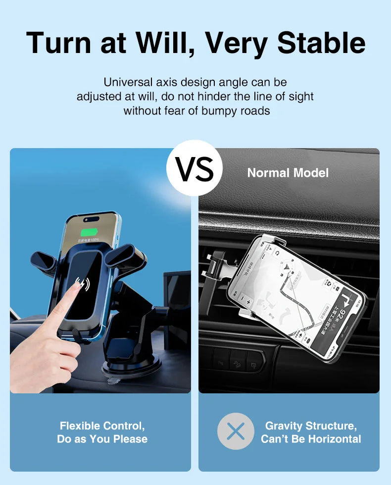2 in 1 Car Phone Holder Mount Wireless Charger 15W Fast Charging Auto Clamping Car Wireless Charger Phone Holder