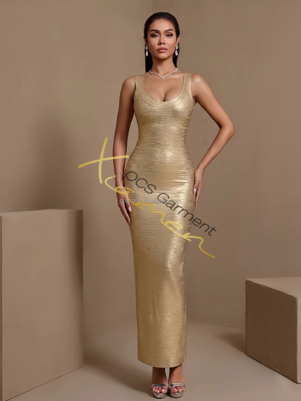 Ocstrade Custom Women Maxi Bandage Shape Wear Dress Bodycon Open Back Sleeveless Gold Women Casual Dresses Formal Wholesale