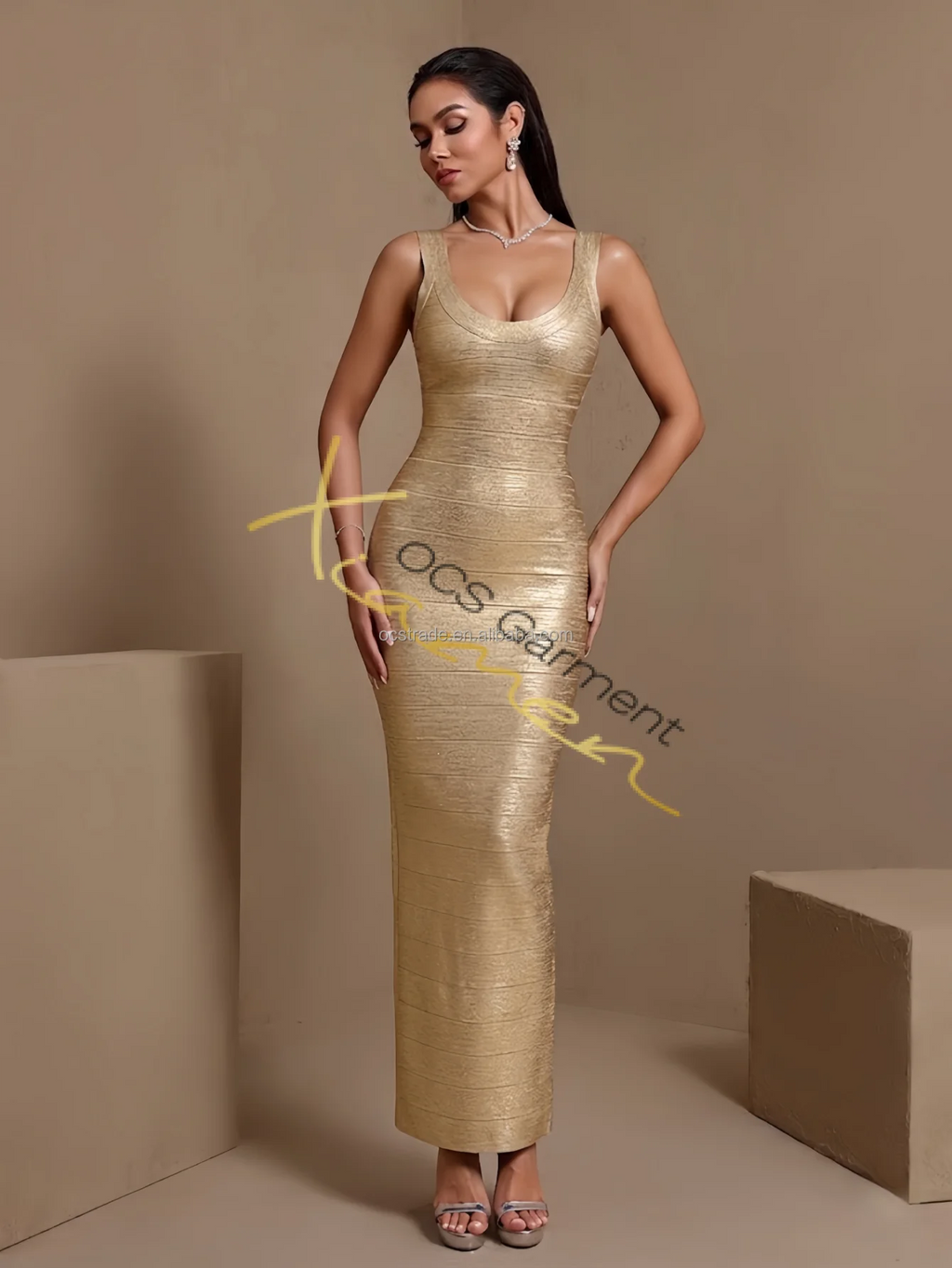Ocstrade Custom Women Maxi Bandage Shape Wear Dress Bodycon Open Back Sleeveless Gold Women Casual Dresses Formal Wholesale
