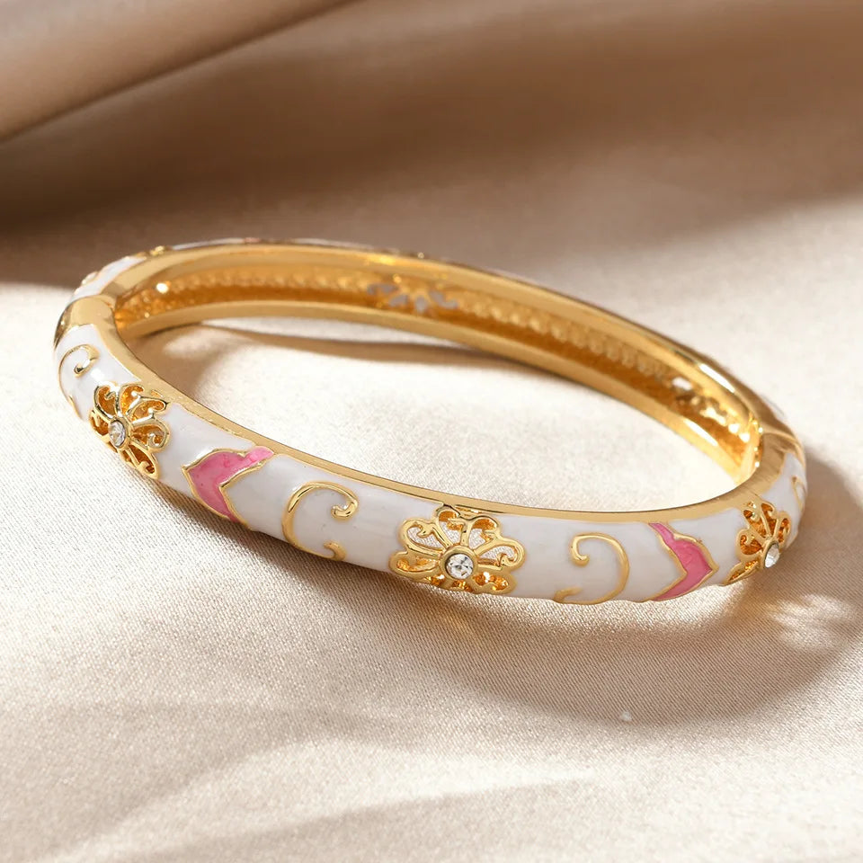 Enamel Open Bangle Bracelet for Women Palace Style Chinese Jingtailan Inspired Fashion Jewelry with Cloud Brocade Design
