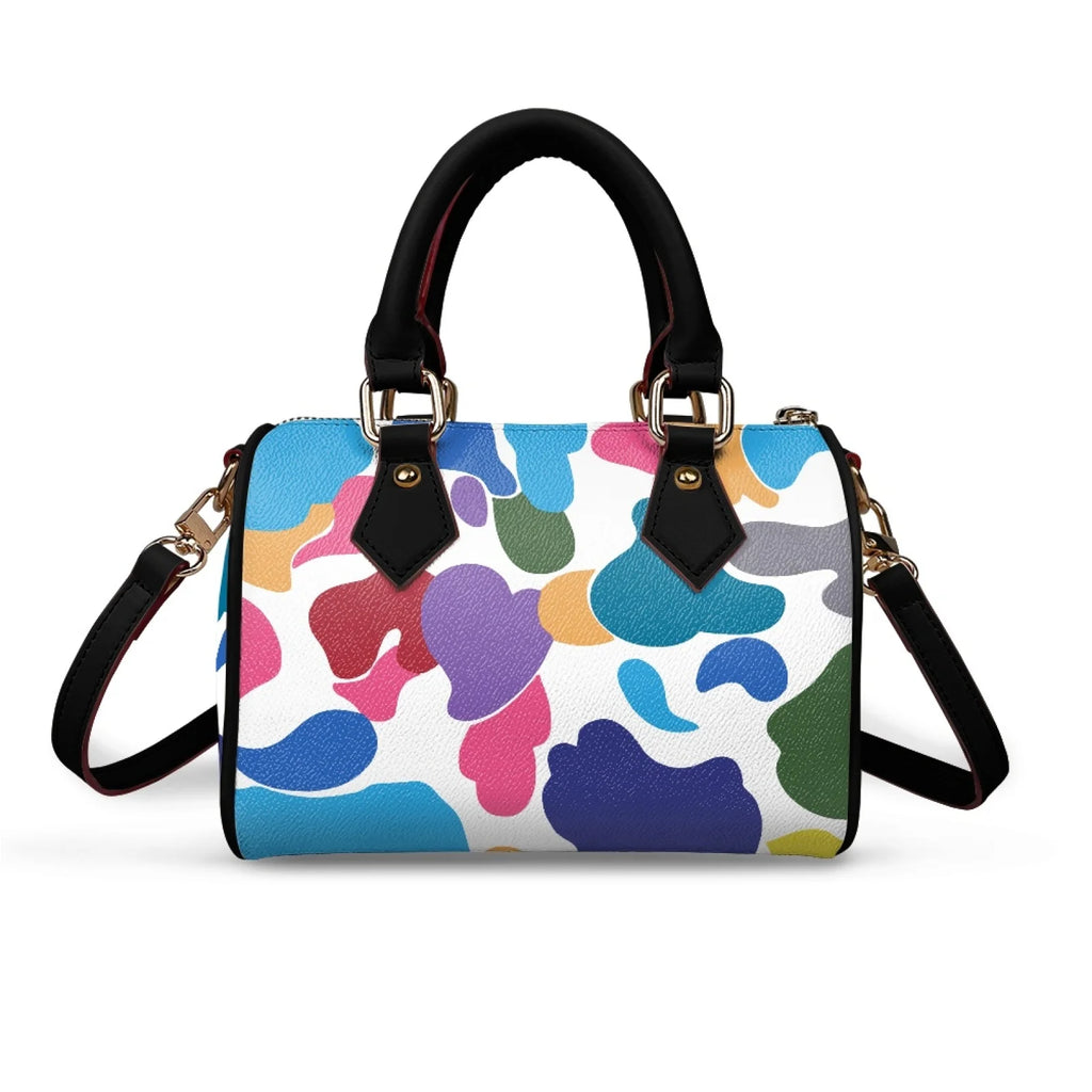 Fashion Women's Boston Bag Camouflage Print PU Leather Top Handle Satchel Trendy Street Style Cylinder Handbag Crossbody Bag