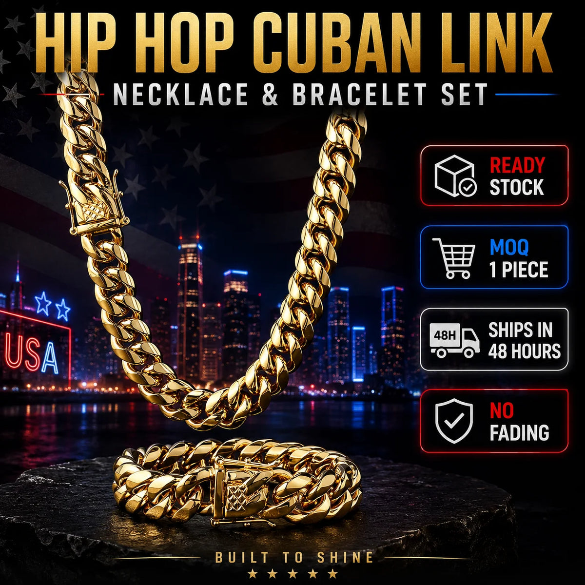 Renqing Wholesale 18K Gold Plated Jewelry Mens Stainless Steel Collier Cadena Corrente Collana Cuban Links Chains Necklace