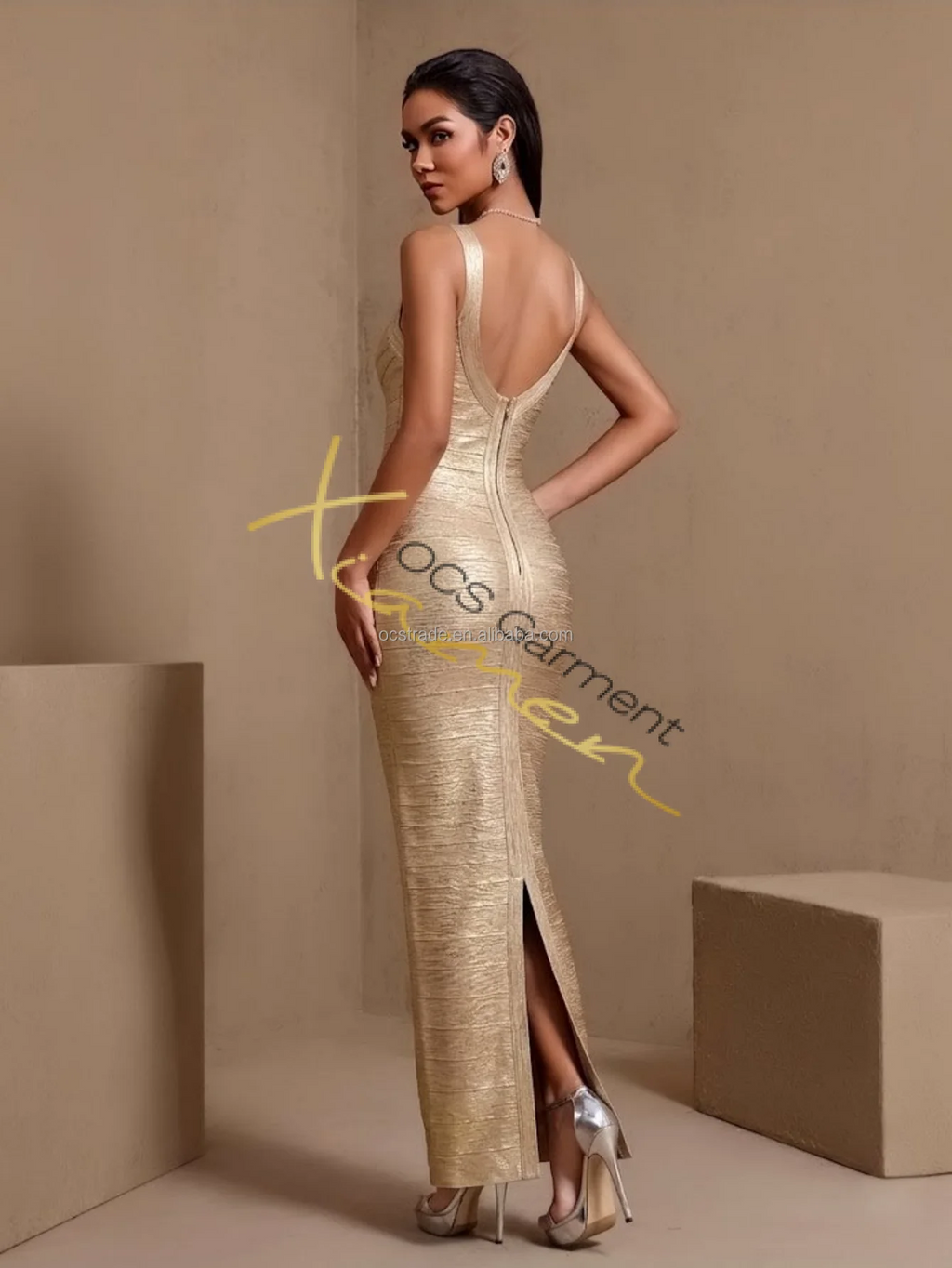 Ocstrade Custom Women Maxi Bandage Shape Wear Dress Bodycon Open Back Sleeveless Gold Women Casual Dresses Formal Wholesale