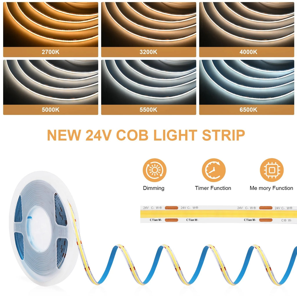 RF17 Smart LED Strip Light  COB LED Strip for Home/commercial Lighting 8mm PCB Dual Color Temperature Cuttable 2700K-6500K
