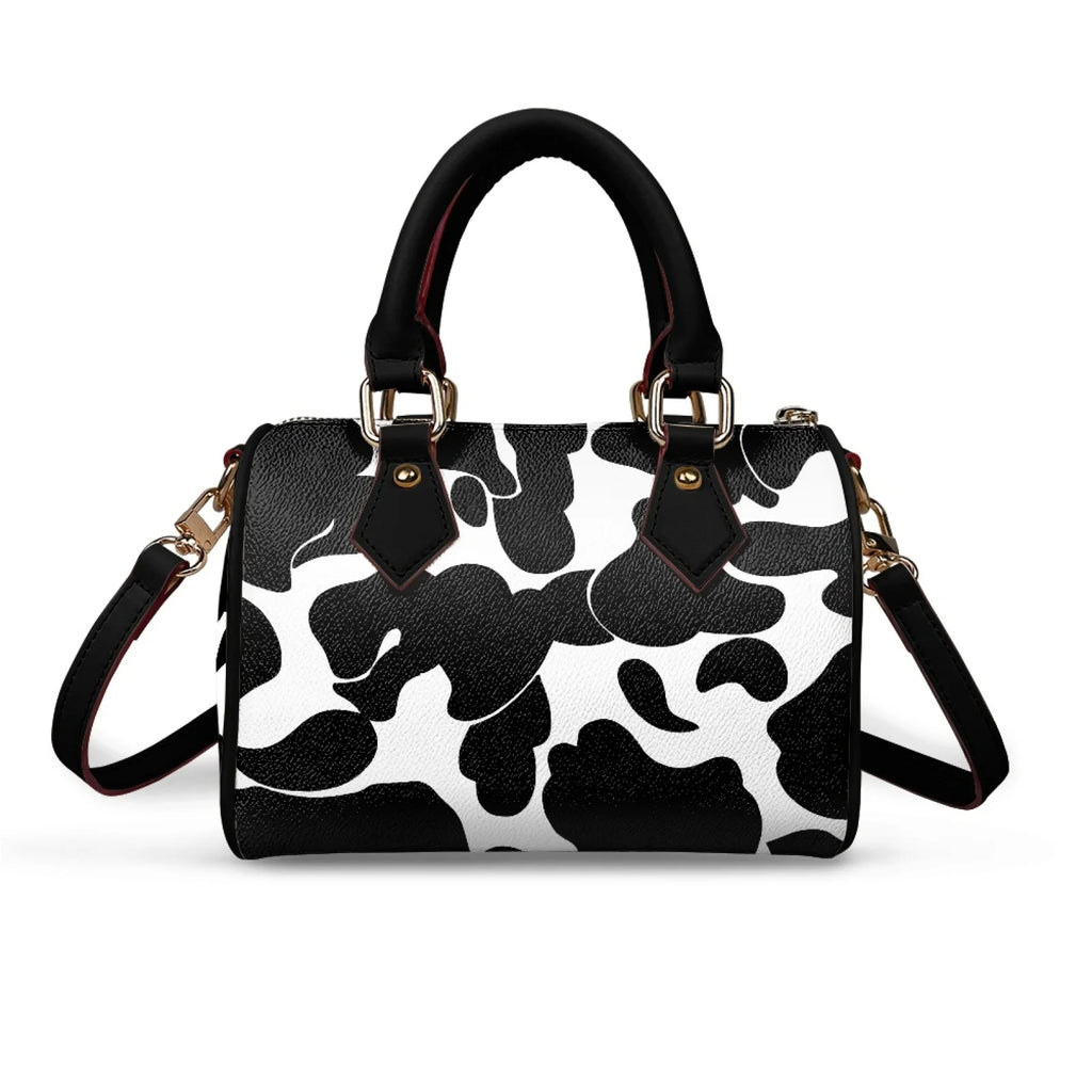 Fashion Women's Boston Bag Camouflage Print PU Leather Top Handle Satchel Trendy Street Style Cylinder Handbag Crossbody Bag
