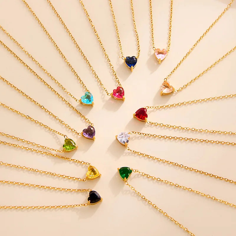 Cross-Border New Stainless Steel Love Zircon Birthstone Necklace 18K Heart-Shaped Link Chain with Twelve Birthstone Clavicle
