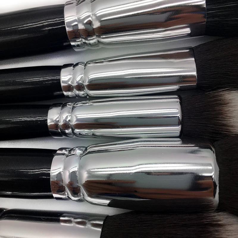 HMU Wholesale 15pcs Black and Silver Synthetic Hair Kabuki Vegan Custom Makeup Brush Private Label Make up Brush Set With Bag