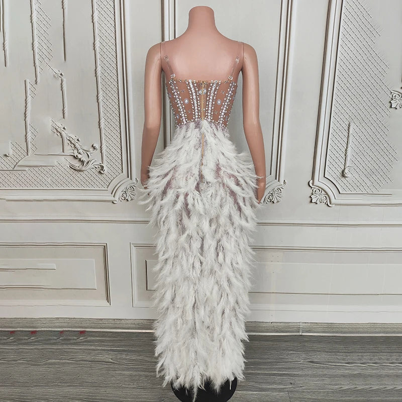 Novance Y4591 Fashion Dress for Women New Styles V-Neck White Club Dresses Sexy Women Clothing Party Dress With Feathers