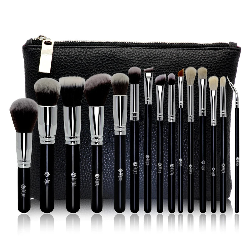 HMU Wholesale 15pcs Black and Silver Synthetic Hair Kabuki Vegan Custom Makeup Brush Private Label Make up Brush Set With Bag
