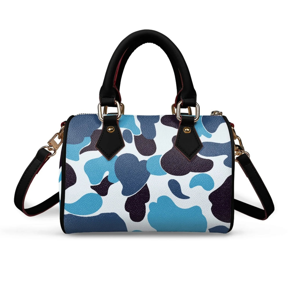 Fashion Women's Boston Bag Camouflage Print PU Leather Top Handle Satchel Trendy Street Style Cylinder Handbag Crossbody Bag