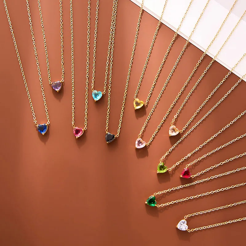 Cross-Border New Stainless Steel Love Zircon Birthstone Necklace 18K Heart-Shaped Link Chain with Twelve Birthstone Clavicle