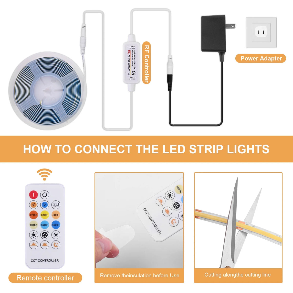 RF17 Smart LED Strip Light  COB LED Strip for Home/commercial Lighting 8mm PCB Dual Color Temperature Cuttable 2700K-6500K