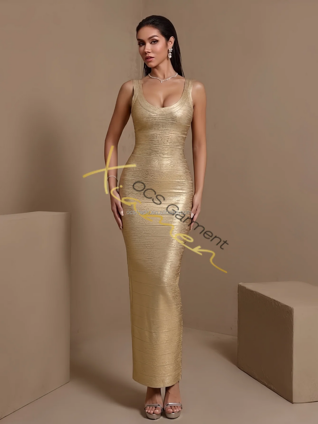 Ocstrade Custom Women Maxi Bandage Shape Wear Dress Bodycon Open Back Sleeveless Gold Women Casual Dresses Formal Wholesale