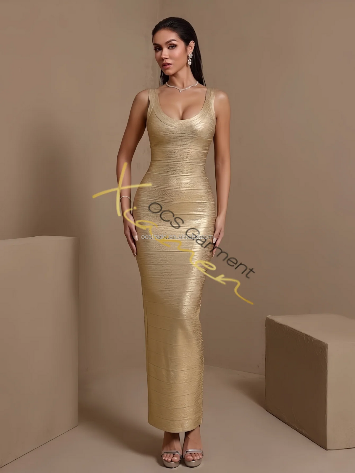 Ocstrade Custom Women Maxi Bandage Shape Wear Dress Bodycon Open Back Sleeveless Gold Women Casual Dresses Formal Wholesale