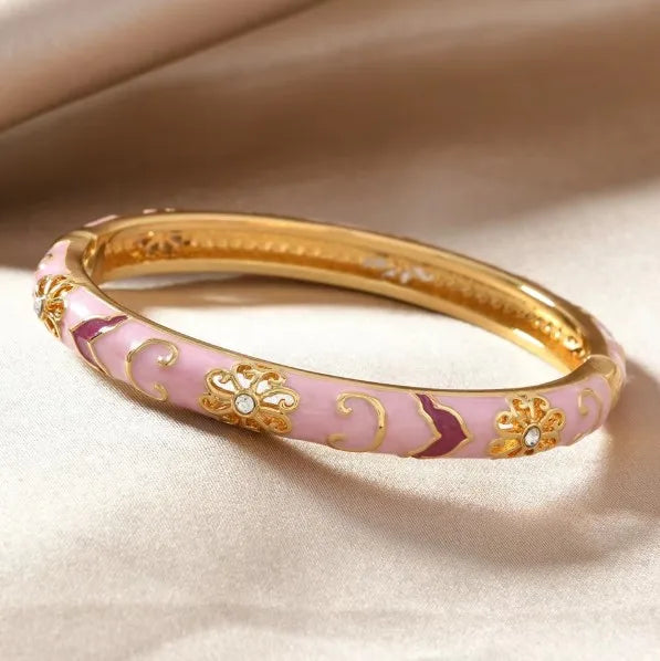 Enamel Open Bangle Bracelet for Women Palace Style Chinese Jingtailan Inspired Fashion Jewelry with Cloud Brocade Design