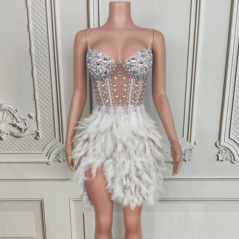 Novance Y4591 Fashion Dress for Women New Styles V-Neck White Club Dresses Sexy Women Clothing Party Dress With Feathers