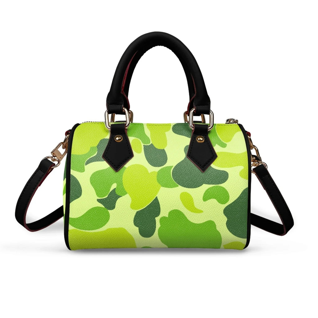 Fashion Women's Boston Bag Camouflage Print PU Leather Top Handle Satchel Trendy Street Style Cylinder Handbag Crossbody Bag
