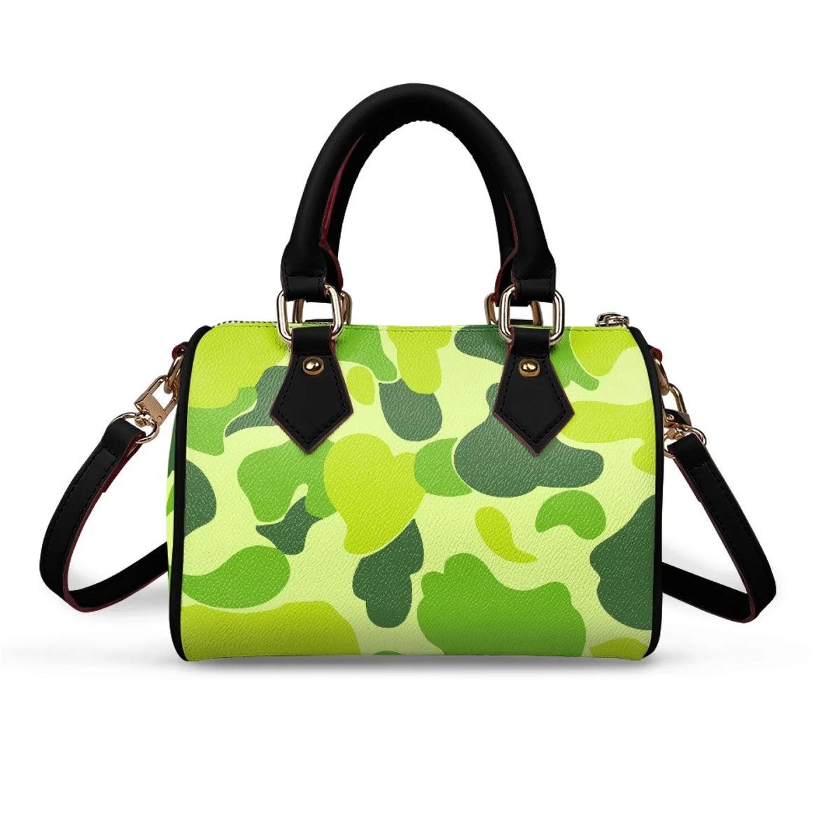 Fashion Women's Boston Bag Camouflage Print PU Leather Top Handle Satchel Trendy Street Style Cylinder Handbag Crossbody Bag
