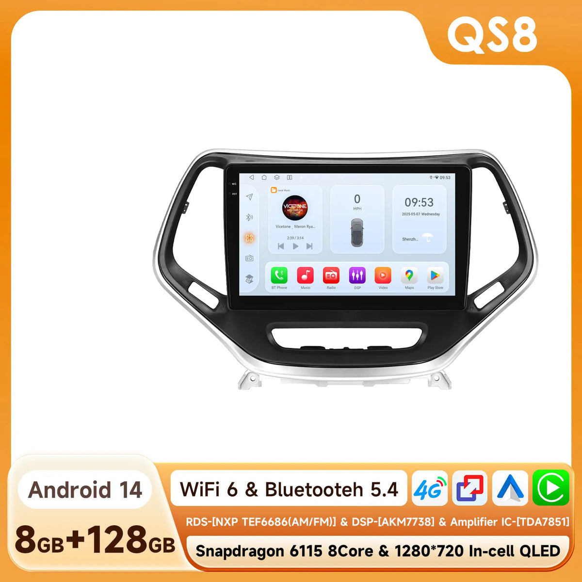 Android 15 Car Radio for Jeep Cherokee KL (2013–2018) with CarPlay, GPS and 4G