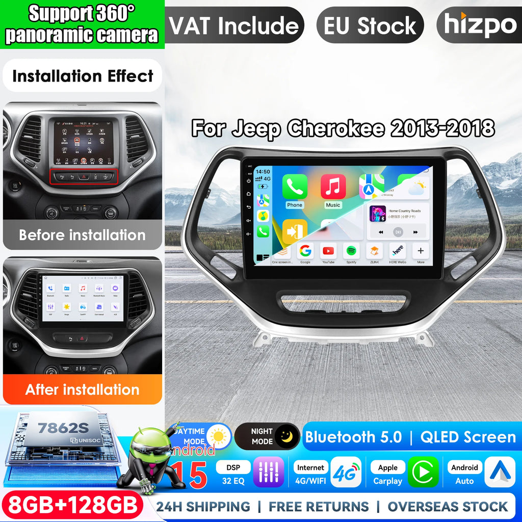 Android 15 Car Radio for Jeep Cherokee KL (2013–2018) with CarPlay, GPS and 4G