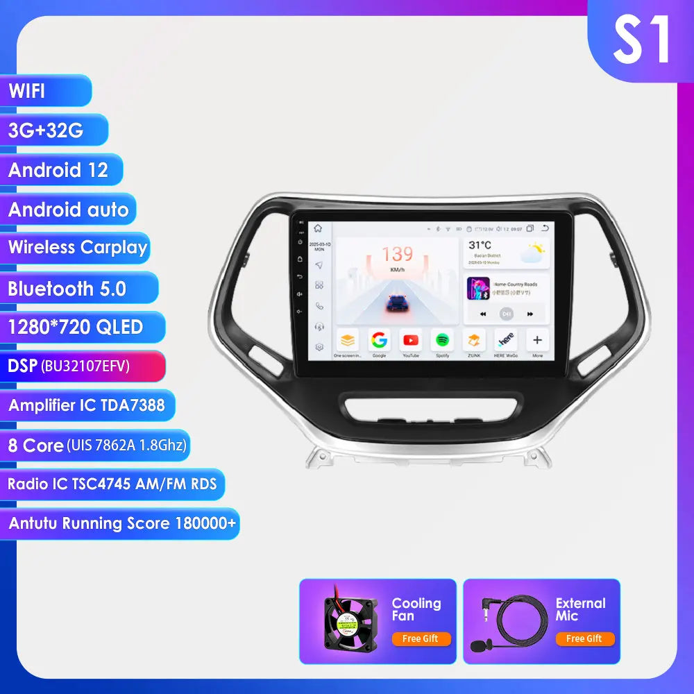 Android 15 Car Radio for Jeep Cherokee KL (2013–2018) with CarPlay, GPS and 4G