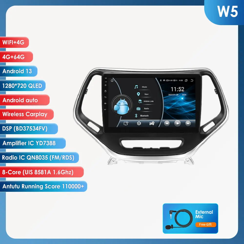Android 15 Car Radio for Jeep Cherokee KL (2013–2018) with CarPlay, GPS and 4G