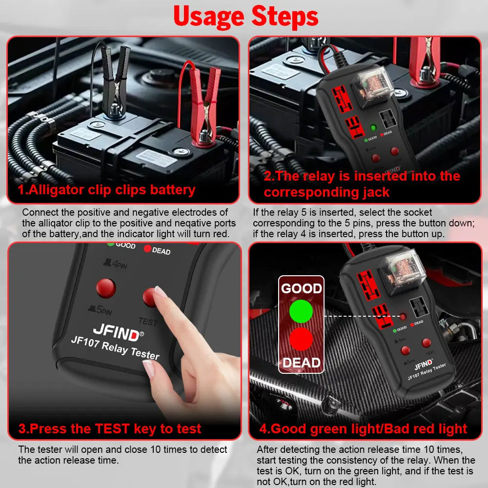 JFIND JF107 Car Relay Tester, 12V–24V, for 4 and 5 Pin Relays