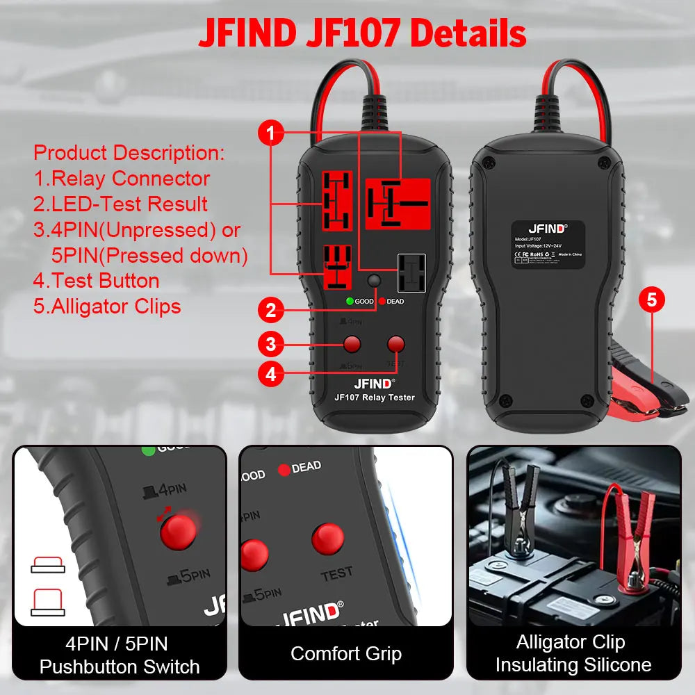 JFIND JF107 Car Relay Tester, 12V–24V, for 4 and 5 Pin Relays