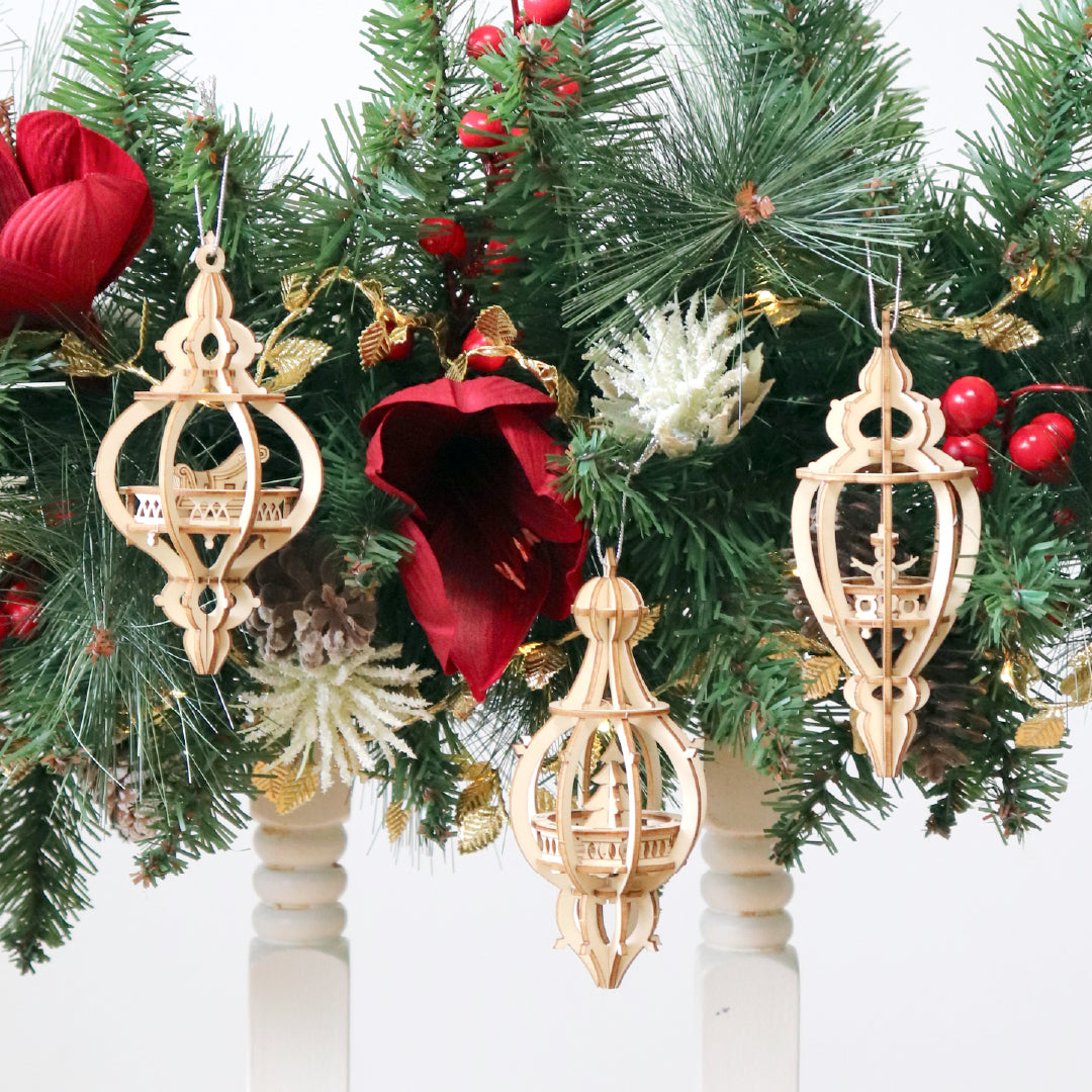 Happy Holidays DIY wooden Christmas bauble set, on a garland