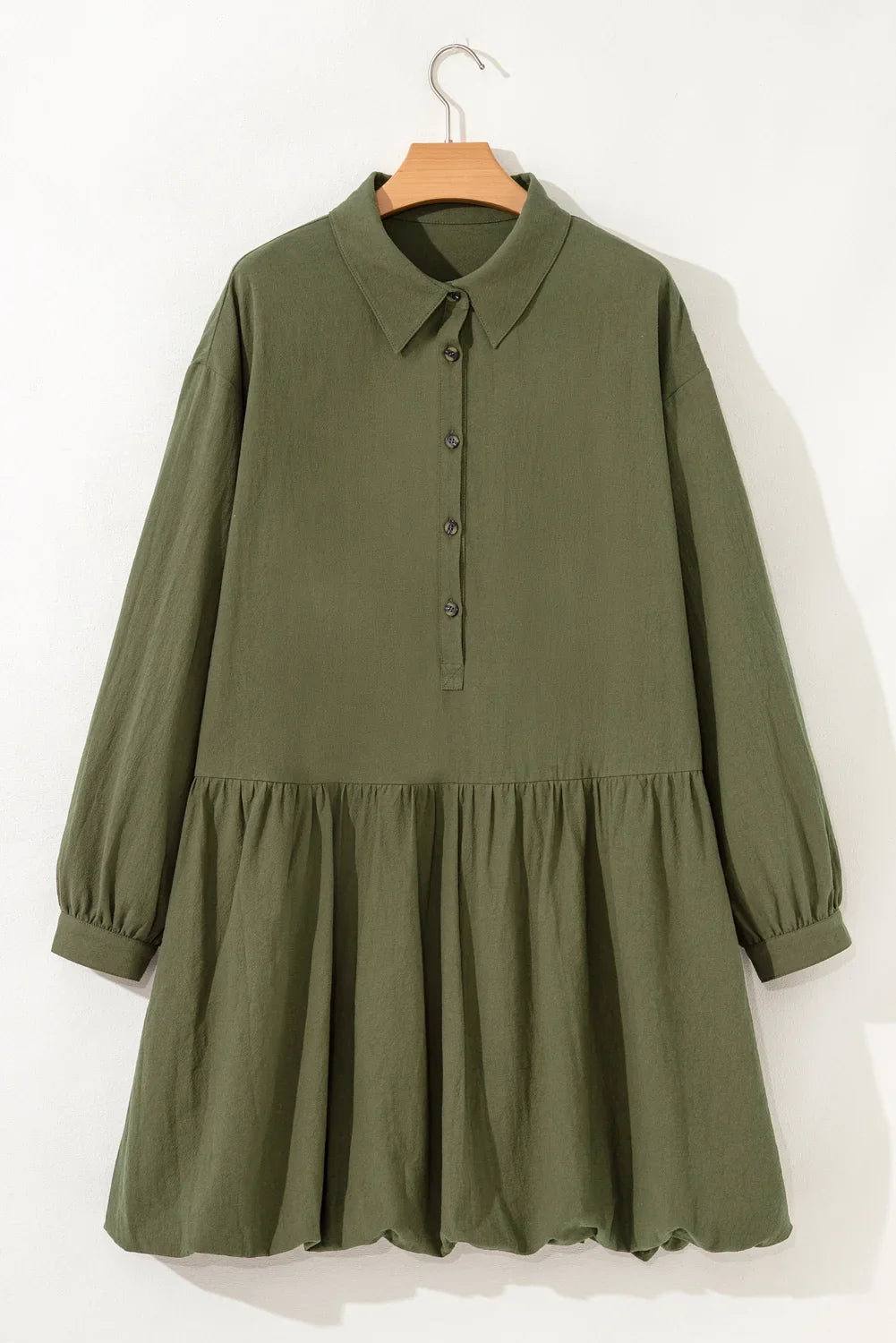 Plus Size Green Cotton Long Sleeve Bubble Hem Mini Dress