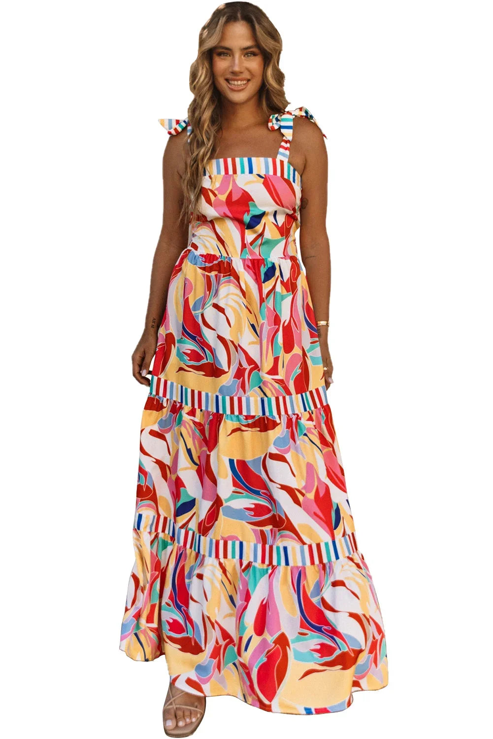 Abstract Print Striped Trim Sleeveless Maxi Sundress