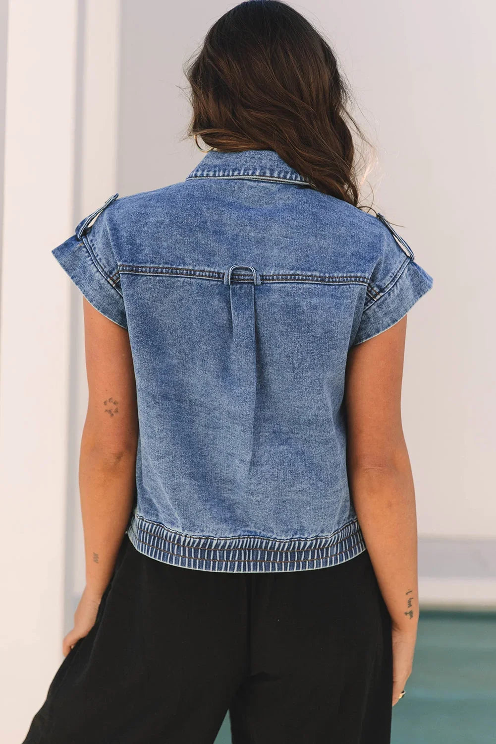 Acid Wash Button-Up Denim Vest with Elastic Hem