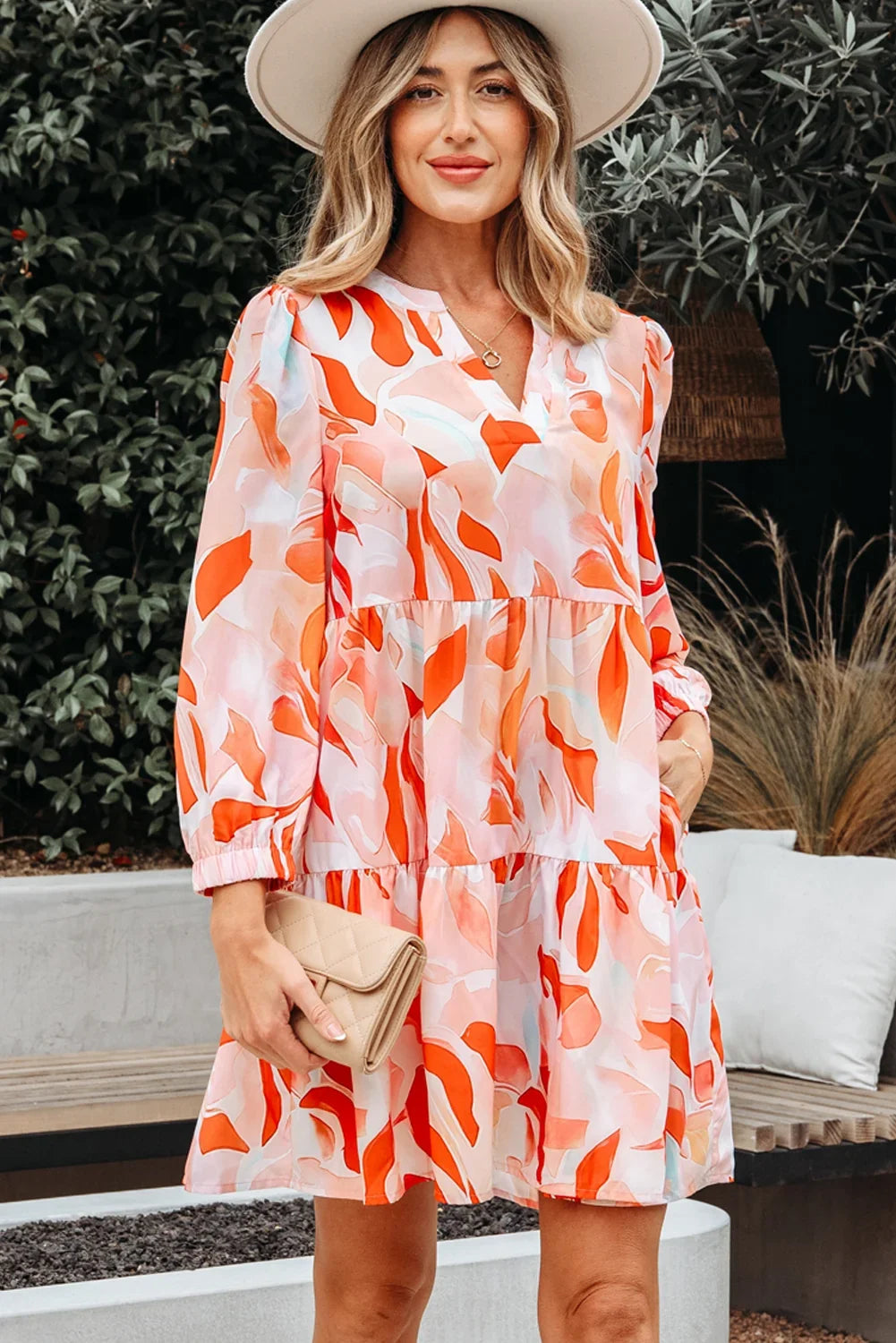Orange Abstract Print Split Neck Long Sleeve Mini Dress