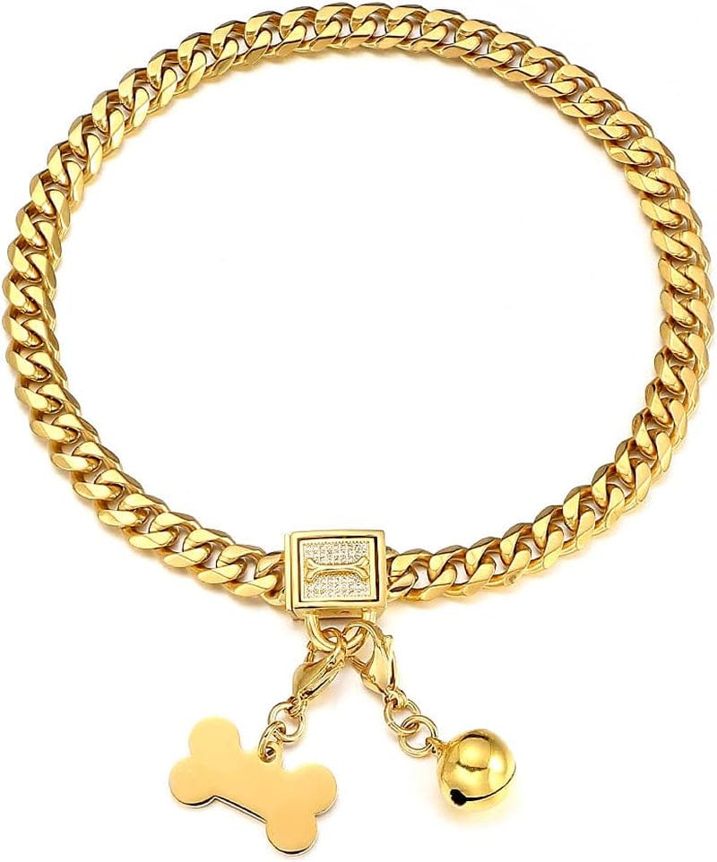 Gold Cuban chain dog collar with ID tag – view 1