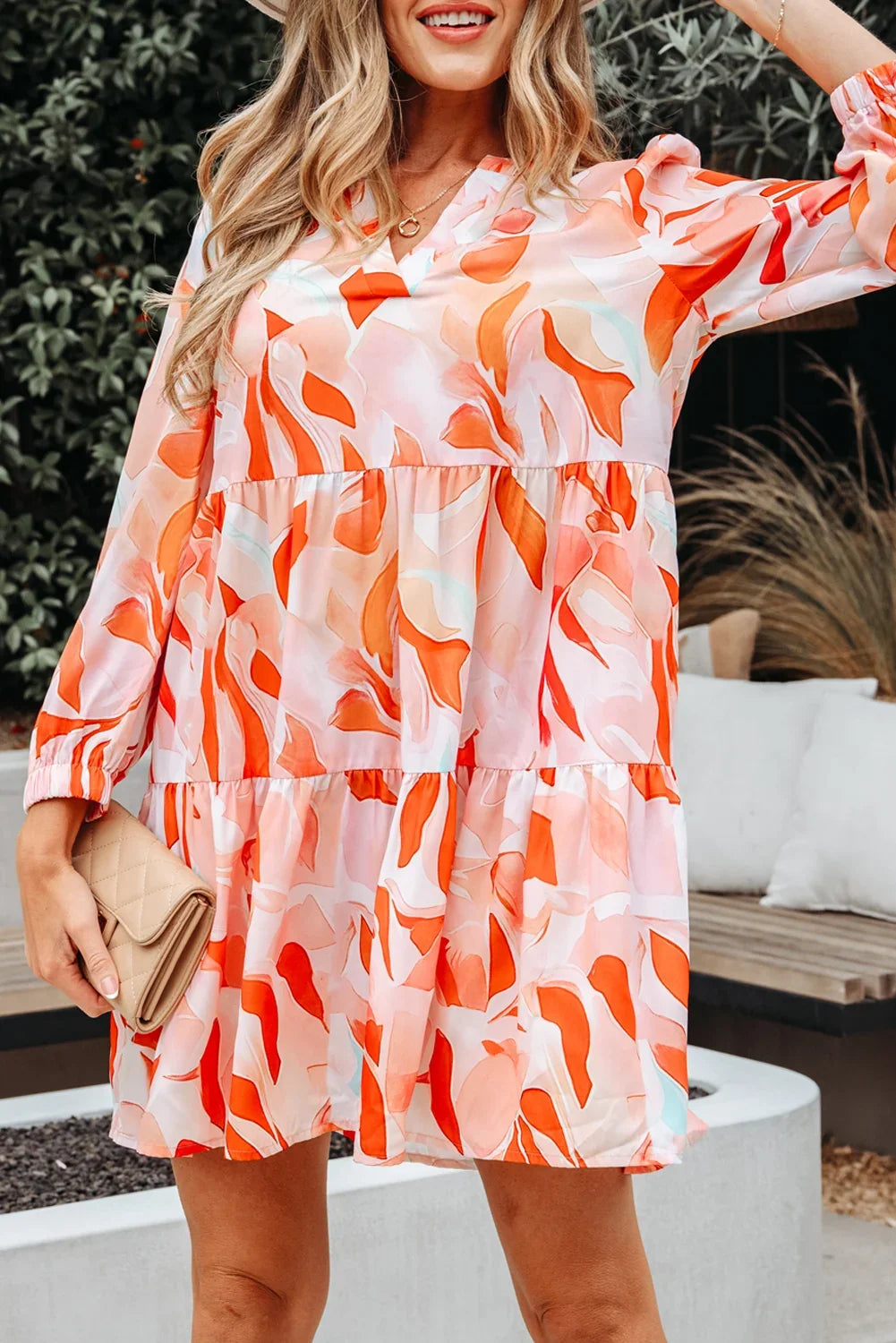 Orange Abstract Print Split Neck Long Sleeve Mini Dress