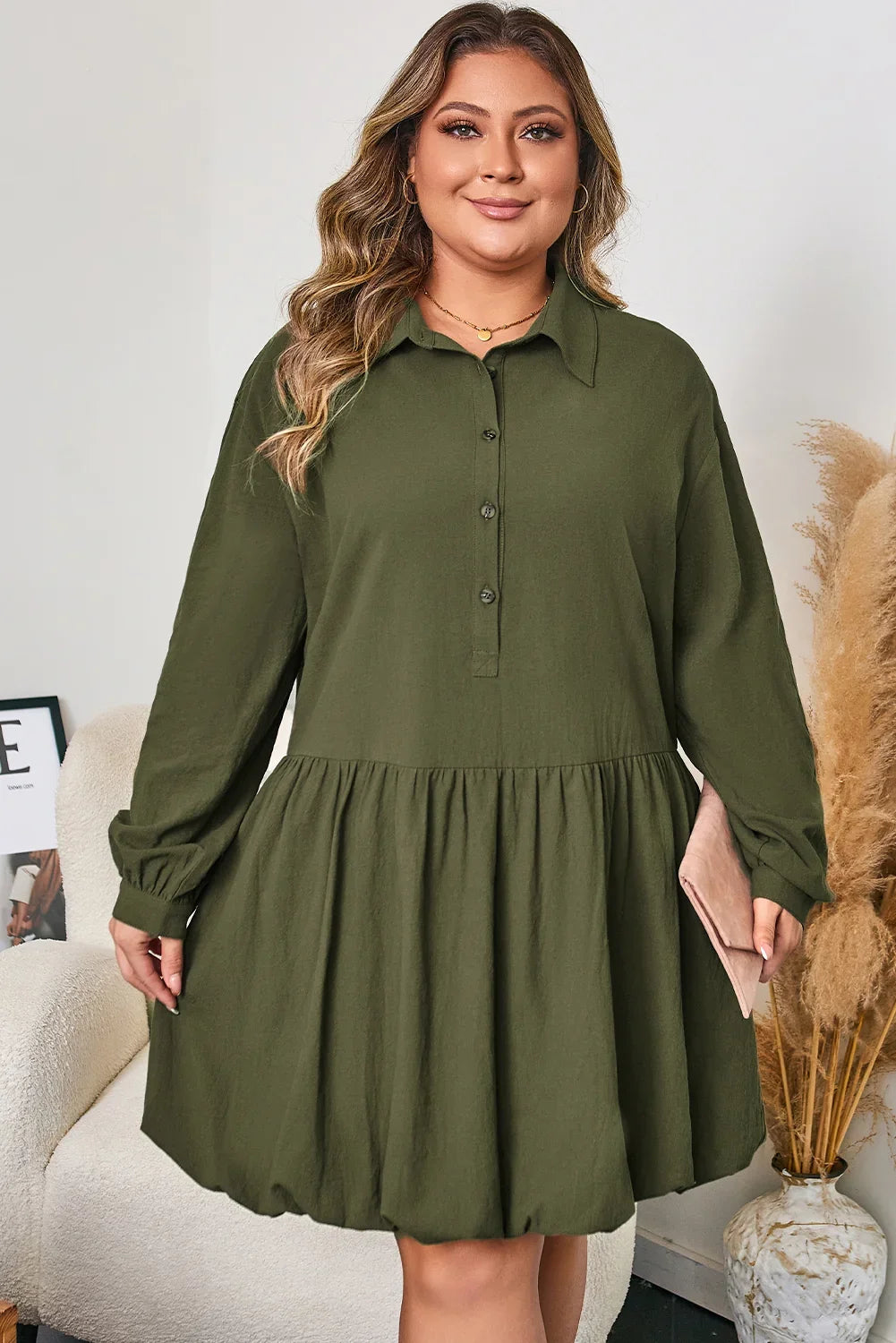Plus Size Green Cotton Long Sleeve Bubble Hem Mini Dress