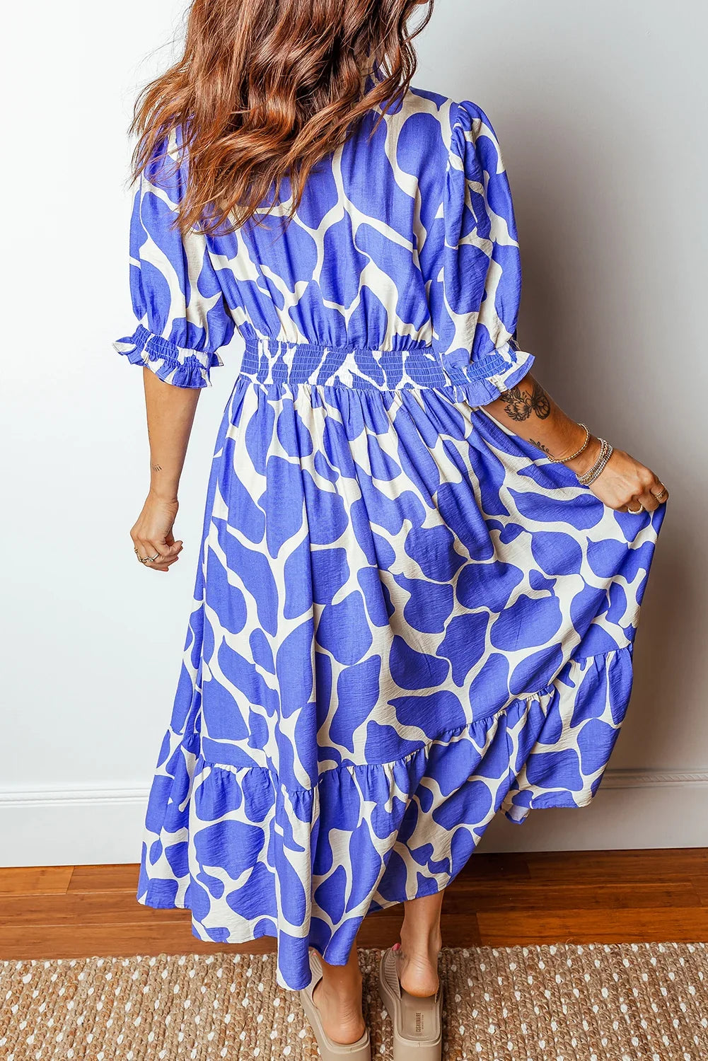 Sky Blue Abstract Print Smocked Waist Puff Sleeve Maxi Dress