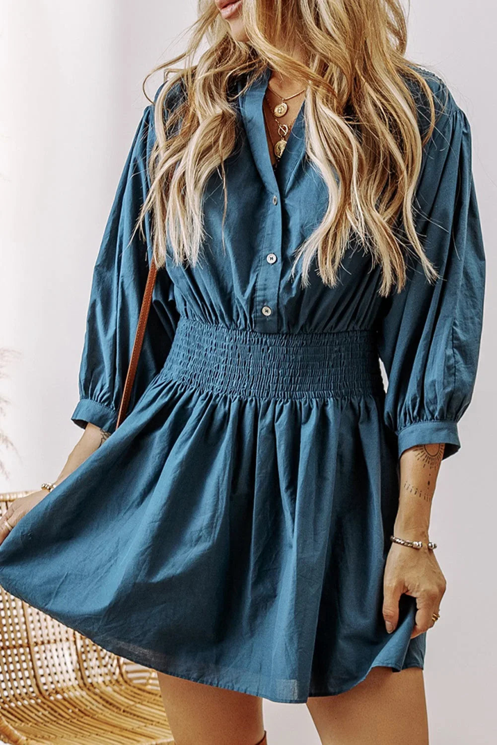 Prussian Blue Shirred High Waist Mini Dress with 3/4 Sleeves