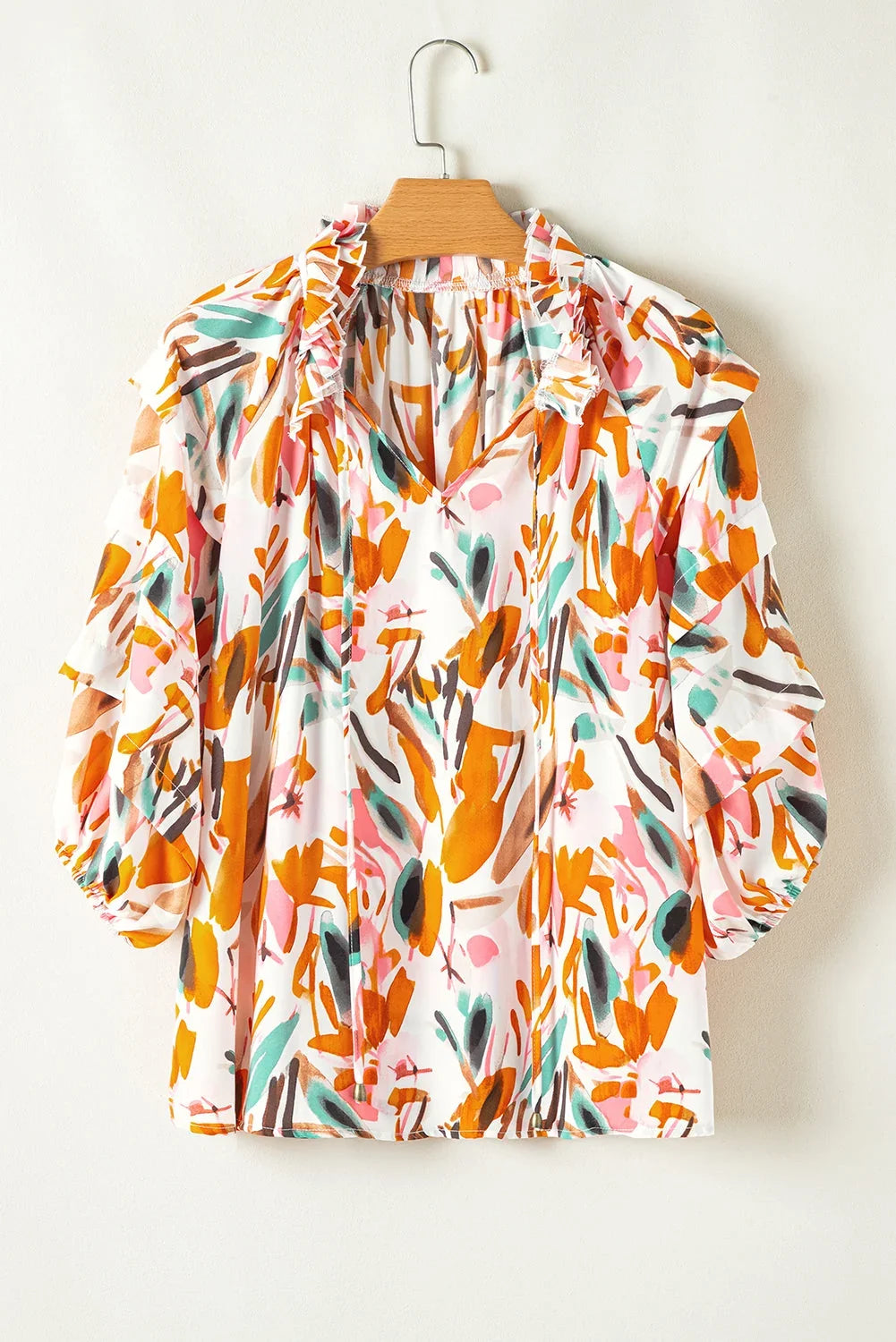 Yellow Abstract Print Drawstring V-Neck 3/4 Sleeve Blouse
