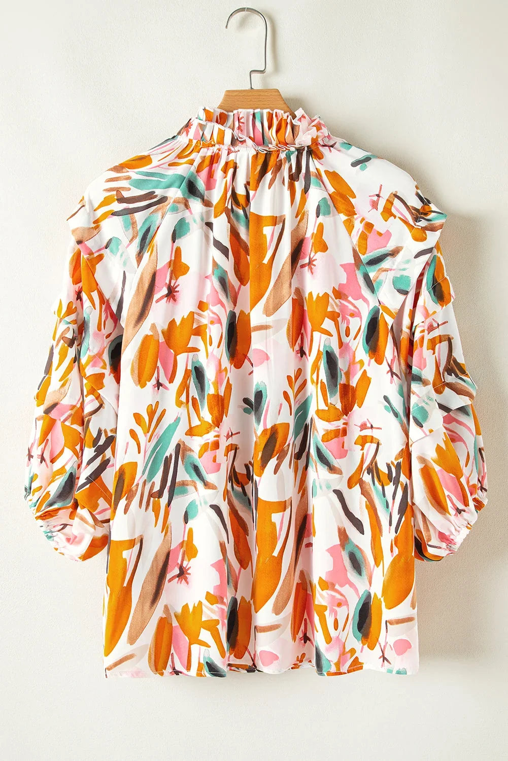 Yellow Abstract Print Drawstring V-Neck 3/4 Sleeve Blouse