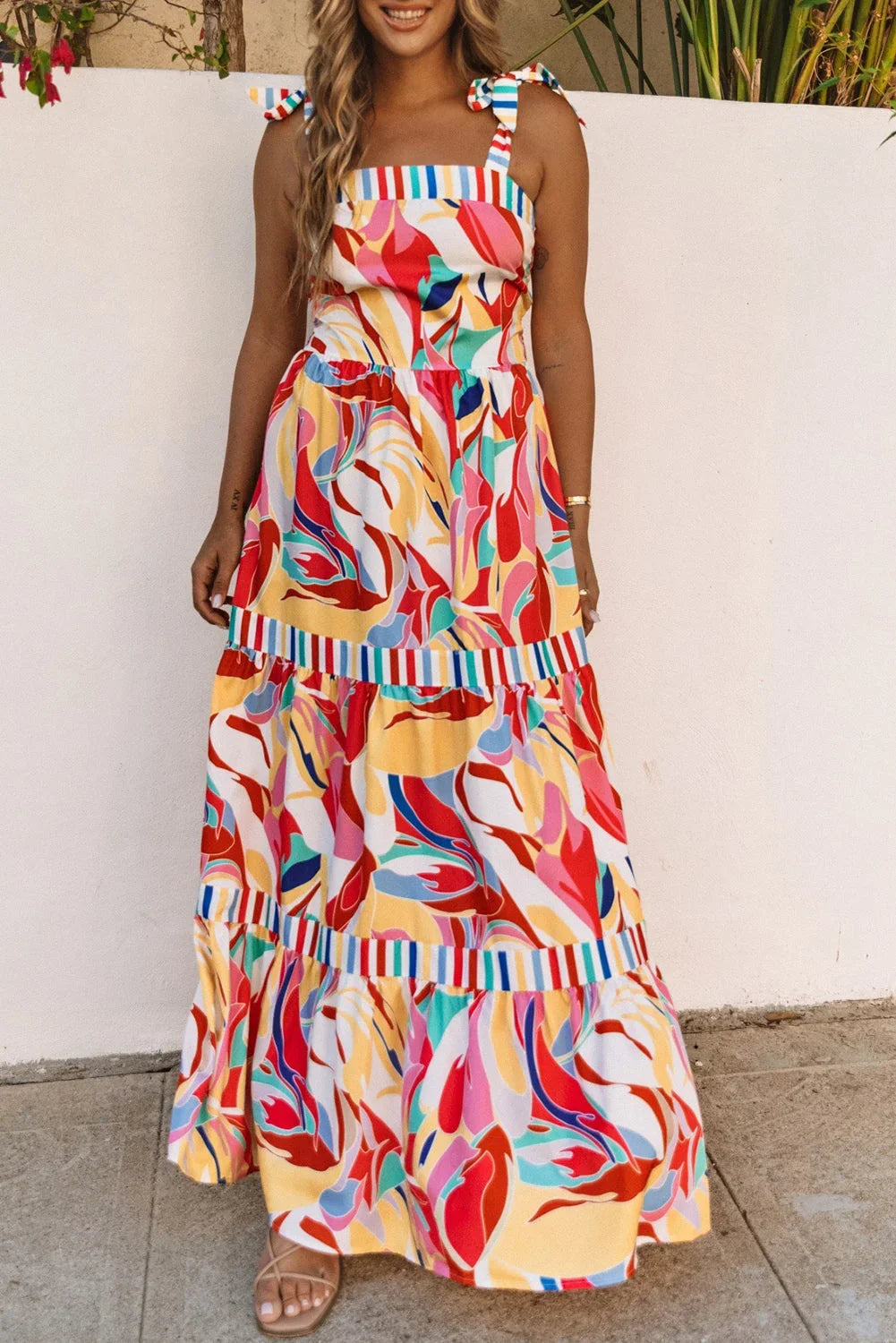 Abstract Print Striped Trim Sleeveless Maxi Sundress