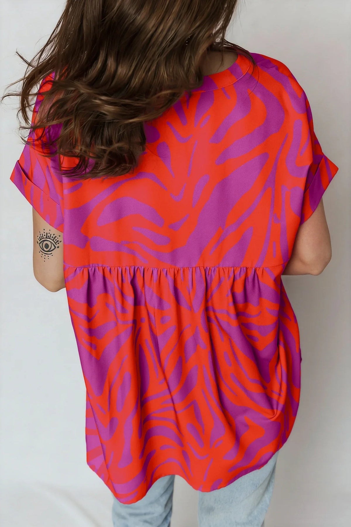Abstract Print V-Neck Cuffed Short Sleeve Slit Blouse