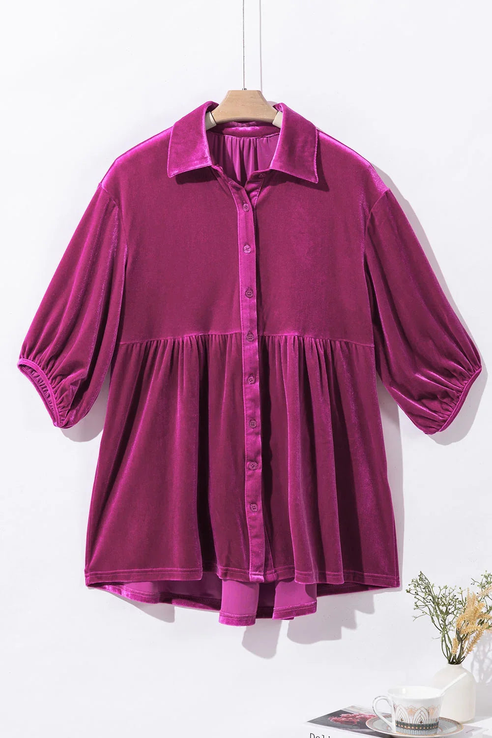 Pink Velvet Babydoll Tunic Shirt with 3/4 Sleeves