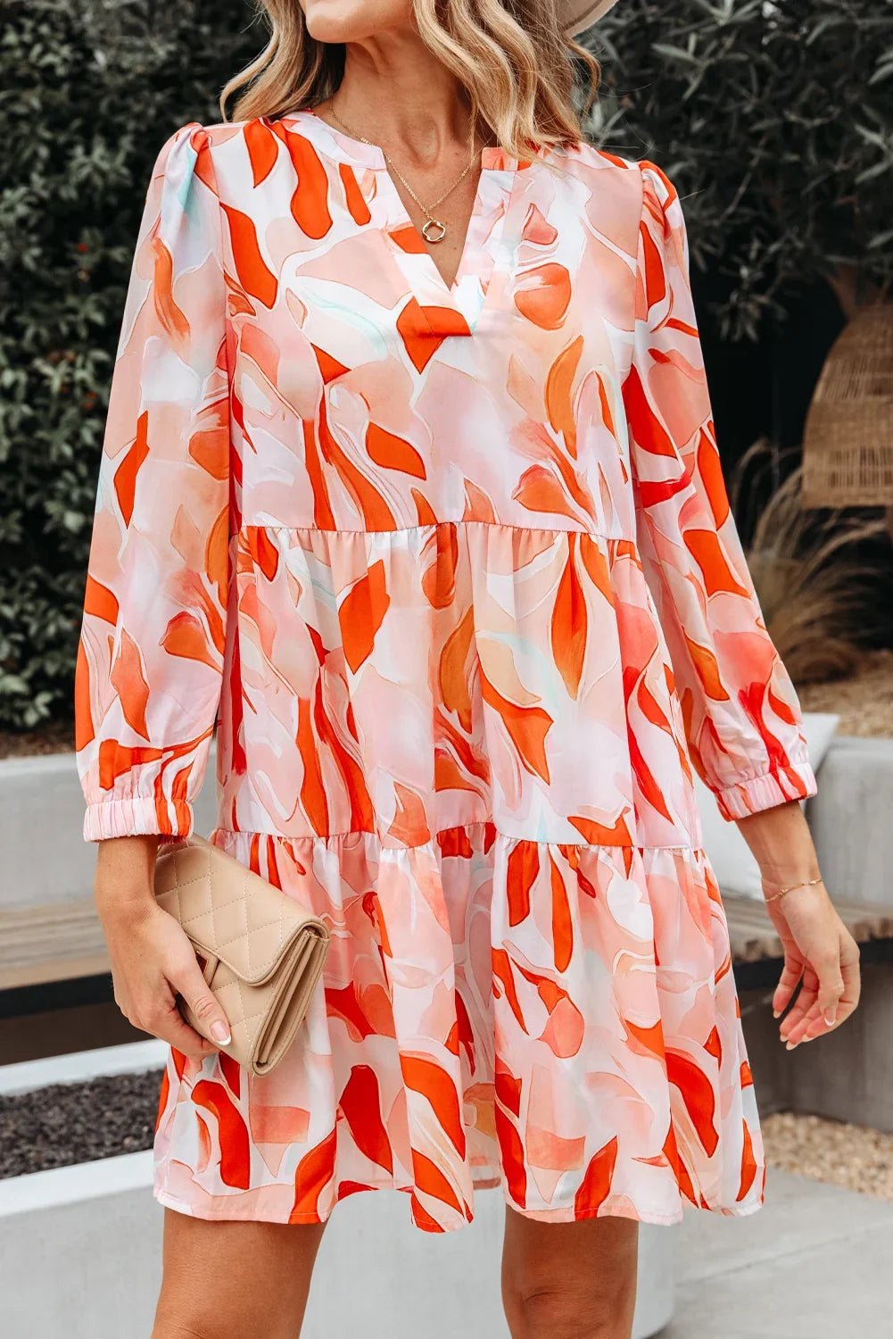 Orange Abstract Print Split Neck Long Sleeve Mini Dress